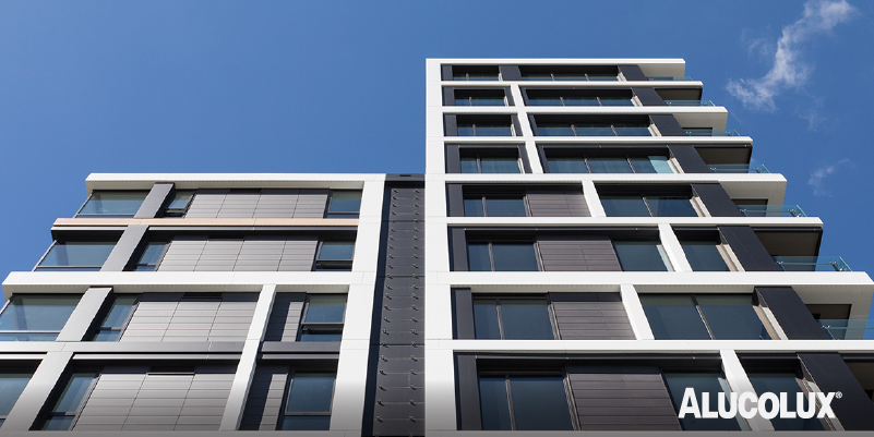 Alucolux anodised-look aluminium cladding on 30 Madden project with Pure White, Pale Oak and Anodic Dark Grey finishes