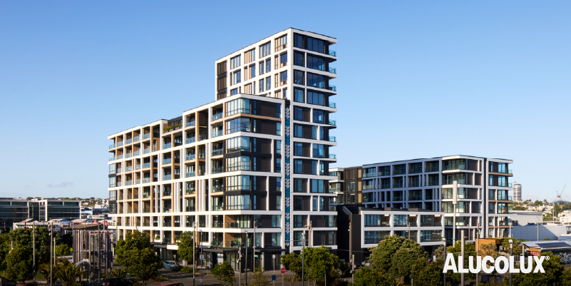 30 Madden Building Facade with Alucolux Aluminium Curtain Wall Panels in White, Oak, and Grey by South Pacific Architects