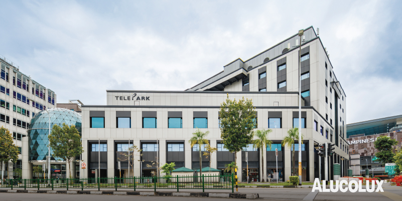 Telepark Project Cladding with Alucolux Anodized Look Aluminium Panels in C31/A001, C34/A004 and Grey Metallic 502 by Arup Singapore and Evergreen Engineering