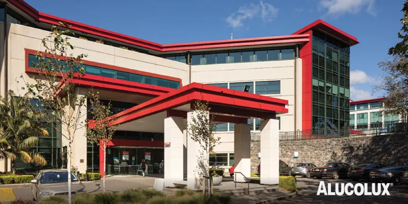 Ascot Hospital Exterior with Alucolux Ruby Facade Cladding Installed by Symonite