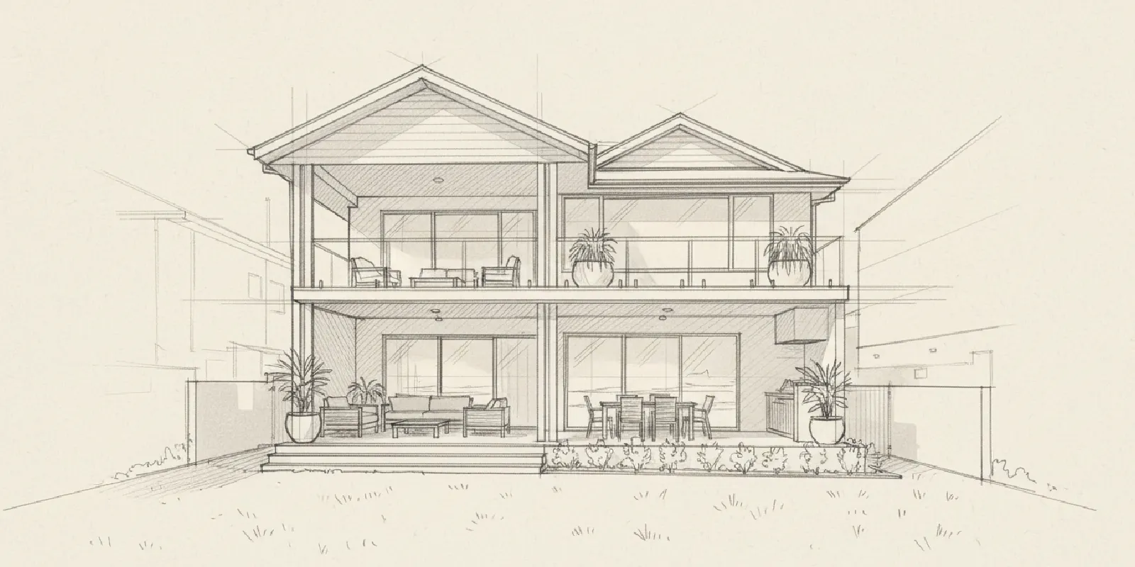 Hampton Style Facade Sketch with ALUCOLUX® Solid Aluminium Panels Architectural sketch of a Hampton style facade designed with ALUCOLUX® solid aluminium panels for premium exterior cladding.